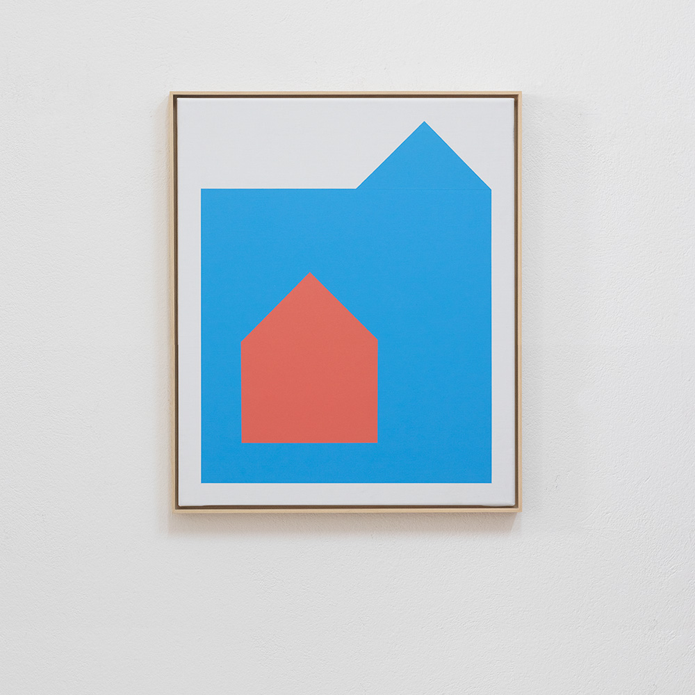 Artwork by Jürgen Bauer, House displaced with extension, 2024, acrylic on canvas, 60 x 50 cm