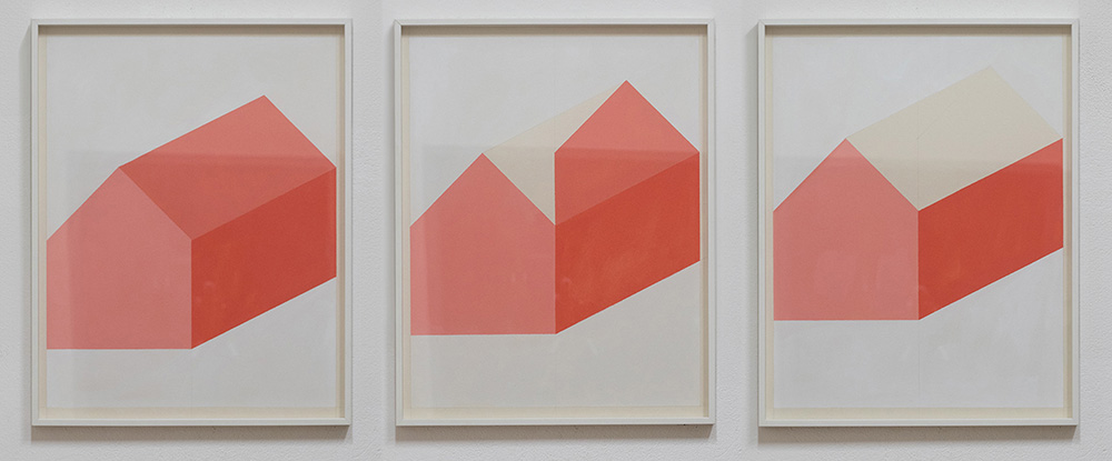 Image of 3 artworks from Jürgen Bauer on cardboard, framed on studiowall
