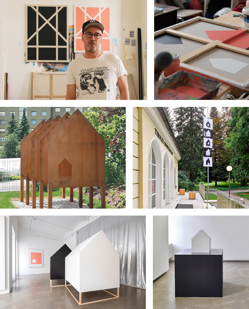 A combination of six pictures showing works and a portrait of austrian visual artist Jürgen Bauer