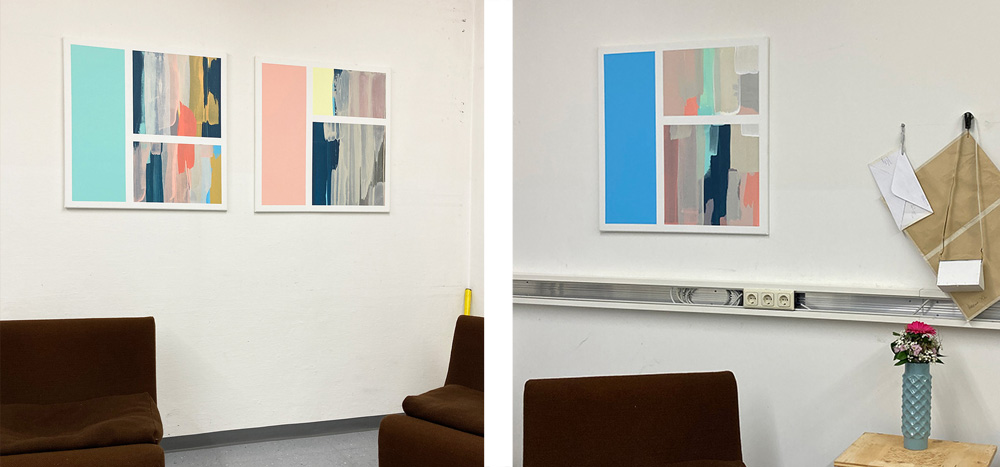 Two pictures of a former indutry area offspace in Wattens with a painting by Jürgen Bauer
