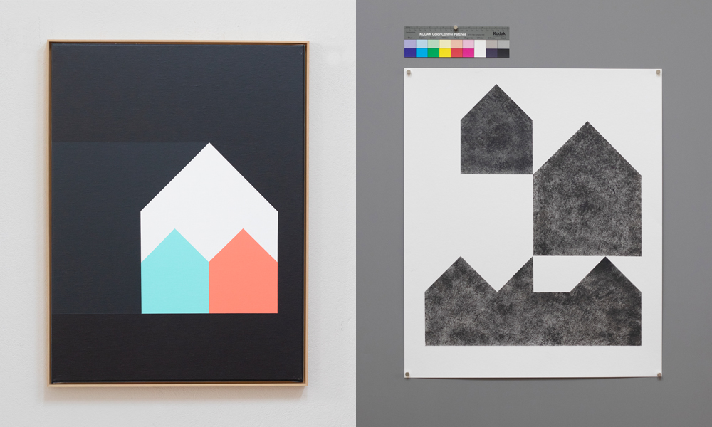 two artworks house repetition, one on canvas one on paper. Both artworks by Jürgen Bauer