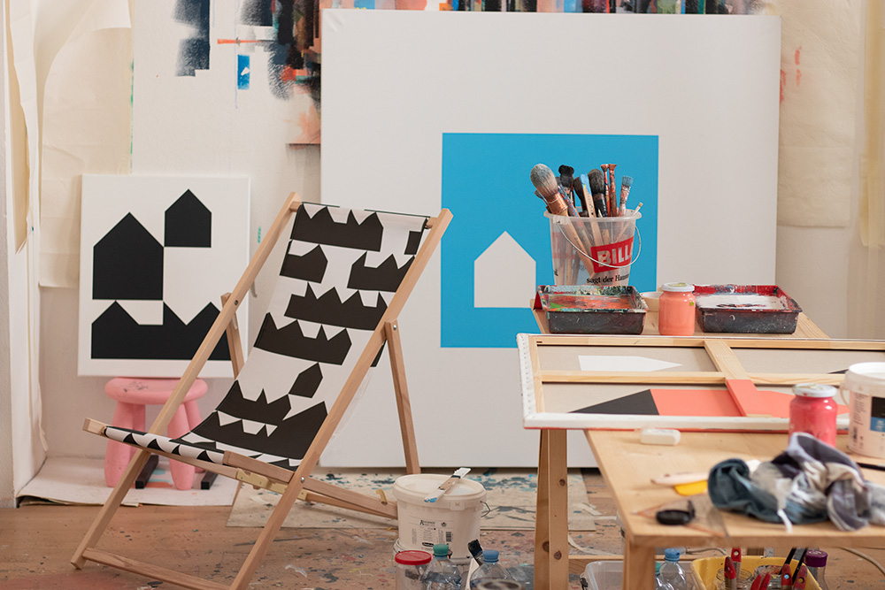 artist studio shot with works by artist Jürgen Bauer