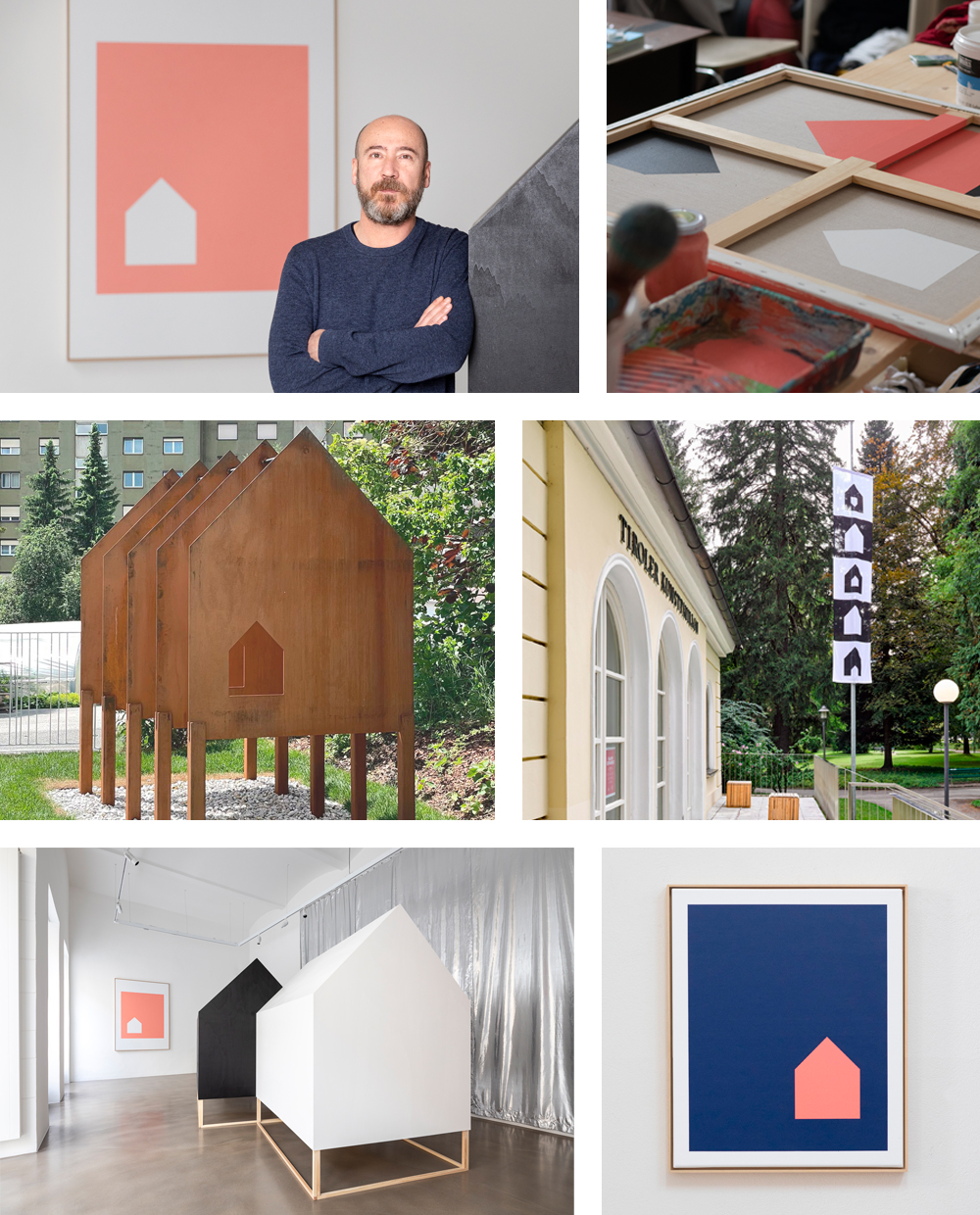 A combination of six pictures showing works and a portrait of austrian visual artist Jürgen Bauer