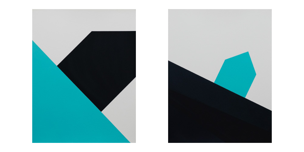 Picture of two artworks acrylic on paper named House black slide and House turqoise slide 