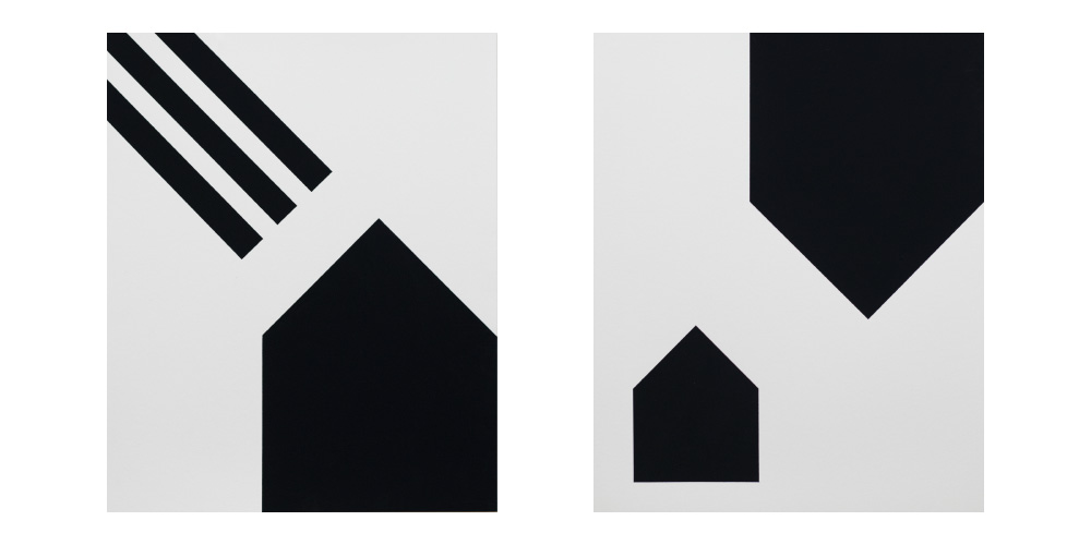 Picture of two artworks, House mit den 3 Streifen & House displaced, 2020, acrylic on paper, 65 x 50 cm