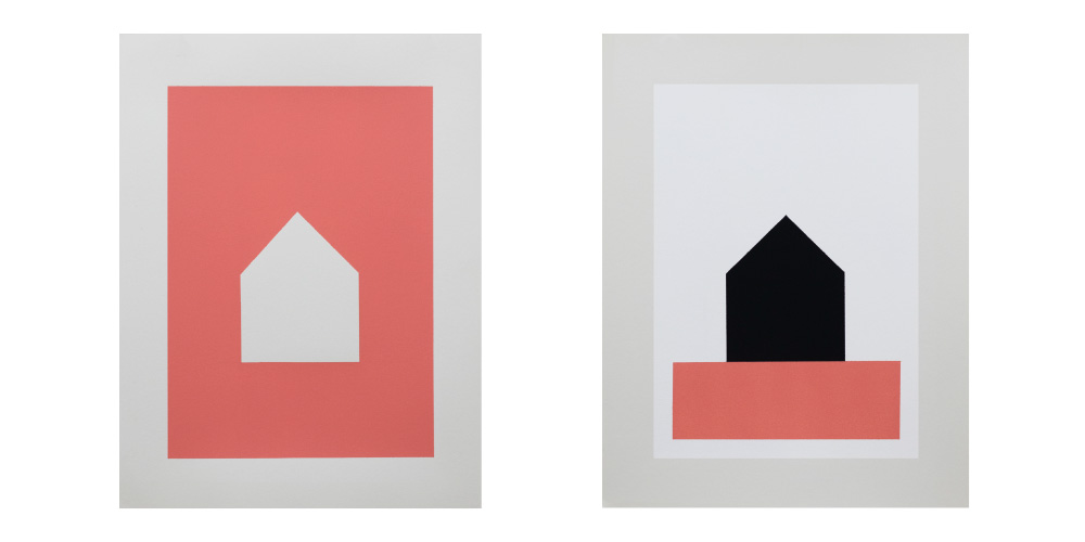 Picture of two artworks acrylic on paper named House white and House black by Austrian visual artist Jürgen Bauer