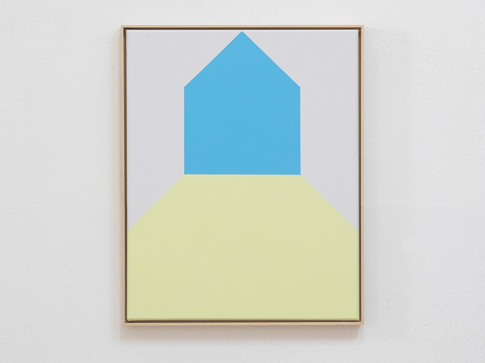 Picture of a framed artwork on canvas by artist Jürgen Bauer named House centered (reached the ceiling?), 2022, acrylic on canvas, 50 x 40 cm