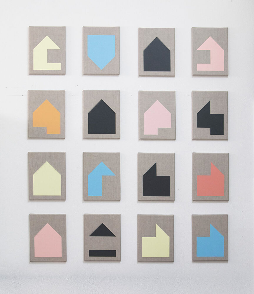 Picture of sixteen artworks on a wall by artist Jürgen Bauer named House Deconstruction, 2023, acrylic on canvas, 35,5 x 27 cm