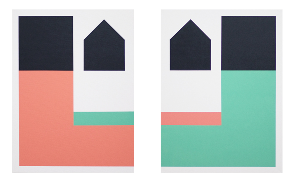 Picture two artworks by artist Jürgen Bauer named House Module, 2021, acrylic on canvas, 80 x 60 cm