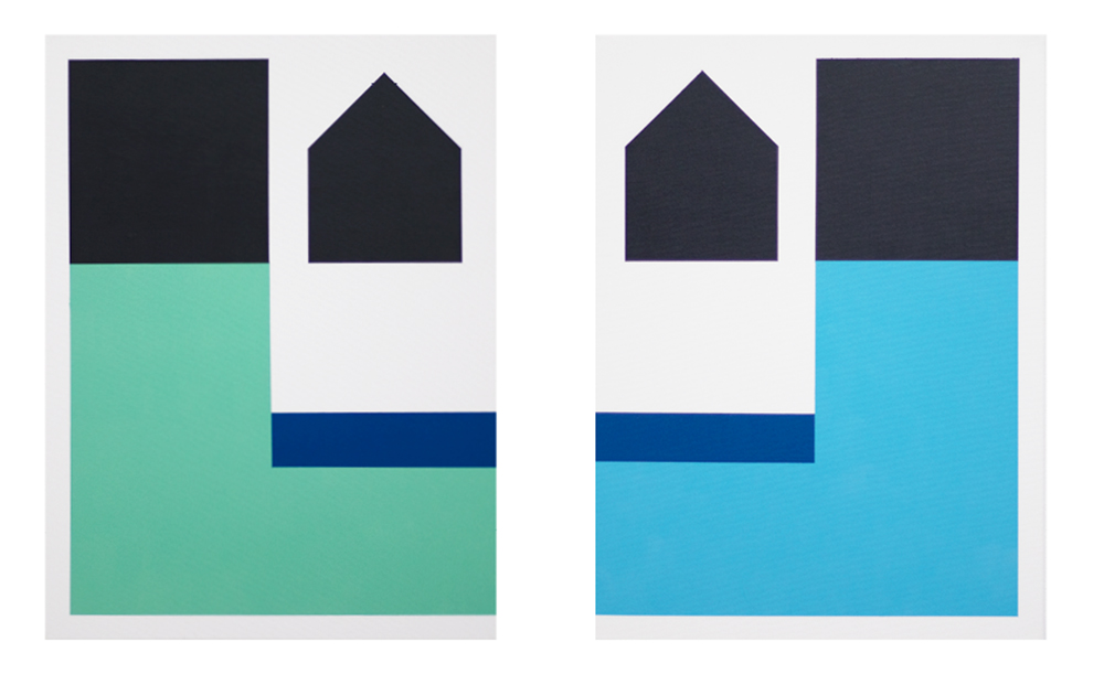 Picture two artworks by artist Jürgen Bauer named House Module, 2021, acrylic on canvas, 80 x 60 cm