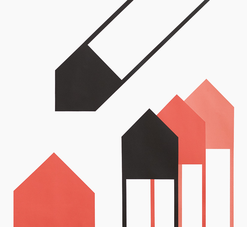 Picture of an artwork by artist Jürgen Bauer named House Repetition (Rocket launch site), 2021, acrylic on canvas, 120 x 138 cm